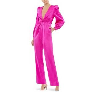 Ieena Mac Duggal Front Twist Puff Sleeve Deep V Jumpsuit pink Fuchsia size 0,2,4